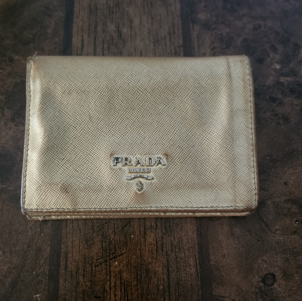 Prada gold leather metallic short wallet